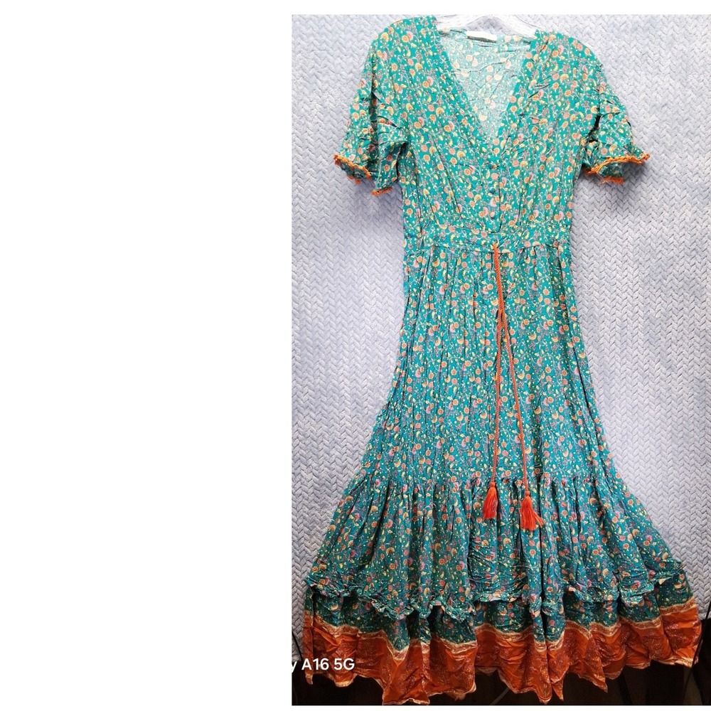 R. Vivimos Teal Floral Boho Maxi Dress Short Sleeve Tassel Pom Trim Size M 8/10